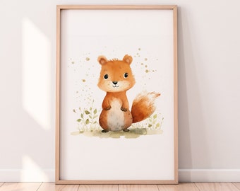 Entzückendes Eichhörnchen Poster für Kinderzimmer – Waldtier Wandkunst, Niedliche Tierillustration, Sanfte Farben, Spielzimmer Deko