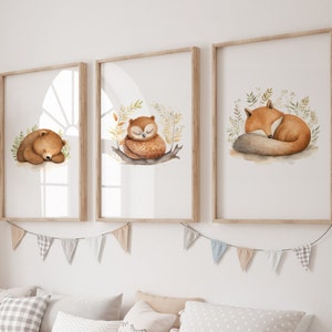 Schlafende Waldtiere Poster 3er Set - Fuchs, Bär, Eule Tierposter Kinderzimmer A1/A2/A3/A4 Aquarellbilder Tiere