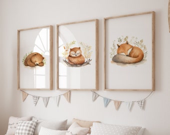 Schlafende Waldtiere Poster 3er Set - Fuchs, Bär, Eule Tierposter Kinderzimmer A1/A2/A3/A4 Aquarellbilder Tiere