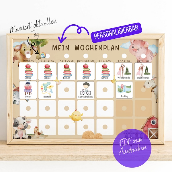 Kinder Wochenplaner PDF zum Ausdrucken, Personalisierbar Kinderkalender Montessori, wöchentliche Aktivitäten, Download - Bauernhof Motiv