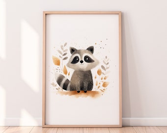 Charming Raccoon Print: Woodland Nursery Wall Art, Neutral Tones, Kids Room Decor, Digital Forest Animal Illustration