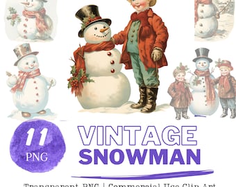 Vintage Snowman PNG Clipart- Watercolor Christmas Winter Digital Art Transparent PNG for XMAS decoration, Snowman with Kid