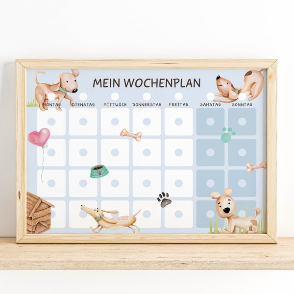 Kinder Wochenplaner PDF zum Ausdrucken, Personalisierbar Kinderkalender Montessori, wöchentliche Aktivitäten Download - Hunde PNG