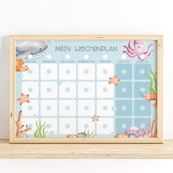 Kinder Wochenplaner PDF PNG zum Ausdrucken, Personalisierbar Kinderkalender Montessori, wöchentliche Aktivitäten Download Ozean Meererstiere