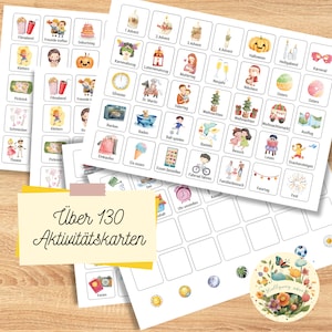 Op de afbeelding: Een set van meer dan 130 activiteitenkaarten voor kinderen, met illustraties van verschillende activiteiten en feestdagen gedurende het jaar. De kaarten zijn gerangschikt in een raster en bevatten afbeeldingen zoals een verjaardagstaart, een kerstboom, een Halloween-pompoen en een fiets.