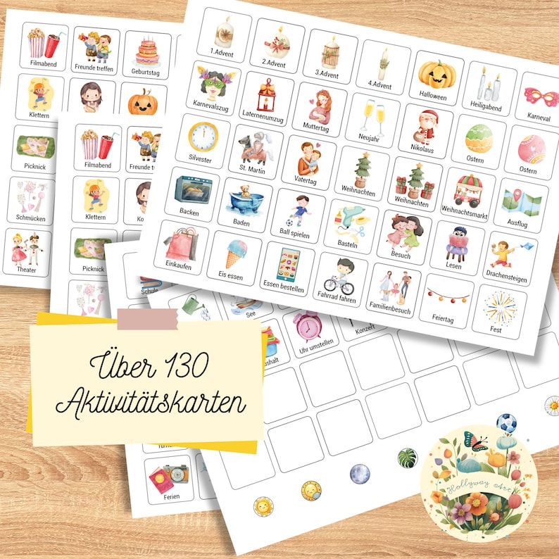 Op de afbeelding: Een set van meer dan 130 activiteitenkaarten voor kinderen, met illustraties van verschillende activiteiten en feestdagen gedurende het jaar. De kaarten zijn gerangschikt in een raster en bevatten afbeeldingen zoals een verjaardagstaart, een kerstboom, een Halloween-pompoen en een fiets.