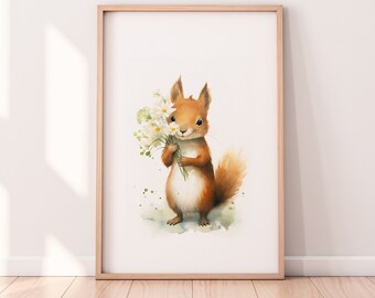 Poster Eichhörnchen mit Blumen Illustration A1 A2 A3 A4 Kinderposter Wandkunst Kinderzimmer Baby Geschenk Mädchen Junge Kinder Tierposter