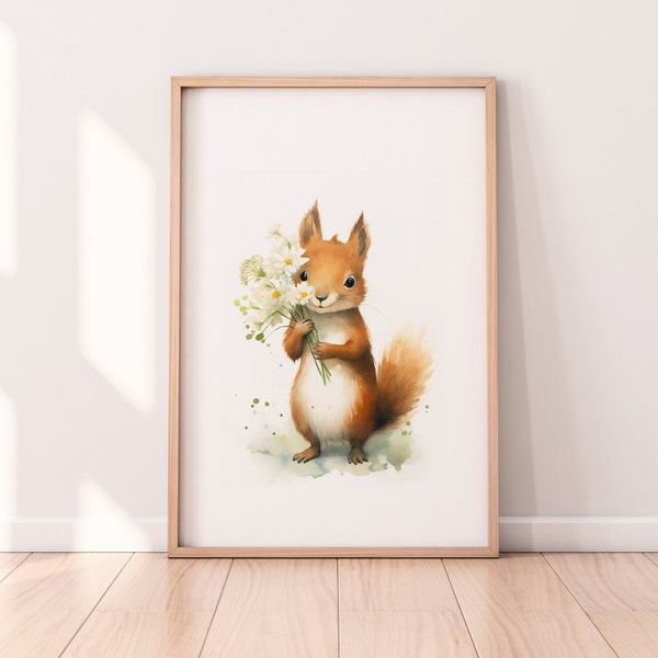 Poster Eichhörnchen mit Blumen Illustration A1 A2 A3 A4 Kinderposter Wandkunst Kinderzimmer Baby Geschenk Mädchen Junge Kinder Tierposter