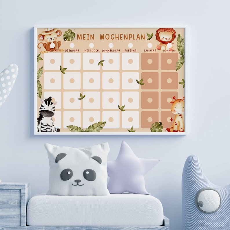 Kinder Wochenplan PDF Sofort-Download, Montessori Kinderkalender zum Ausdrucken, Kleinkind Planer Safari Löwe Zebra Giraffe, Affe Tiere image 2