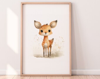May include: A watercolor illustration of a cute fawn with brown and white spots standing in a field of tall grass. The fawn has big brown eyes and a sweet expression.