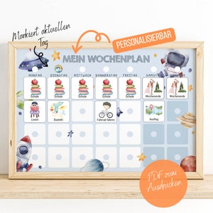 Kinder Wochenplaner PDF zum Ausdrucken, Personalisierbarer Kinderkalender Montessori, wöchentliche Aktivitäten, Download Weltraum Motiv image 1