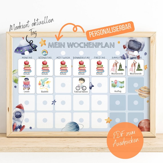 Kinder Wochenplaner PDF zum Ausdrucken, Personalisierbarer Kinderkalender Montessori, wöchentliche Aktivitäten, Download - Weltraum Motiv