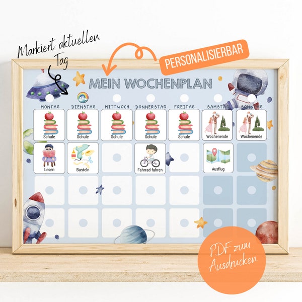 Kinder Wochenplaner PDF zum Ausdrucken, Personalisierbarer Kinderkalender Montessori, wöchentliche Aktivitäten, Download - Weltraum Motiv