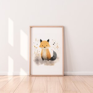 May include: A watercolor illustration of a cute orange fox with a black tail, surrounded by small brown and yellow floral elements on a white background.