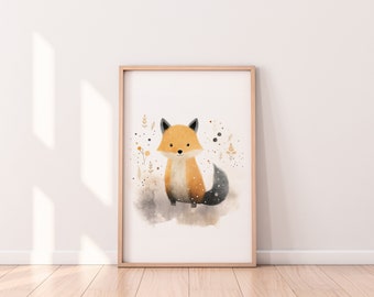 Poster con illustrazione di una volpe, tema bosco per la cameretta dei bambini.