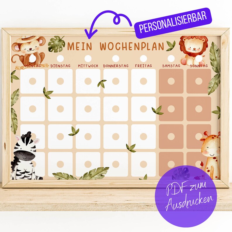 Kinder Wochenplan PDF Sofort-Download, Montessori Kinderkalender zum Ausdrucken, Kleinkind Planer Safari Löwe Zebra Giraffe, Affe Tiere image 1