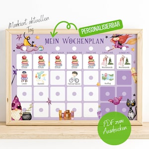 May include: A printable weekly planner with a purple background and a witch and a gnome theme. The planner has spaces for each day of the week, with icons for activities like school, reading, and playing outside. The text "Mein Wochenplan" is at the top of the planner.