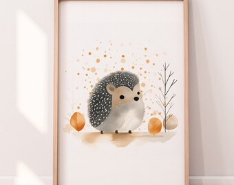 Charming Hedgehog Print: Woodland Nursery Wall Art, Neutral Tones, Kids Room Decor, Digital Forest Animal Illustration