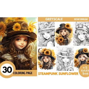 30 Steampunk Sunflower Coloring Page for Adult,greyscale Coloring Book ...