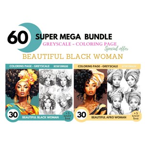60 Beautiful Black Woman Coloring Book - Adults Coloring Pages, Instant Download,Grayscale Coloring Book,Printable PDF File|1250