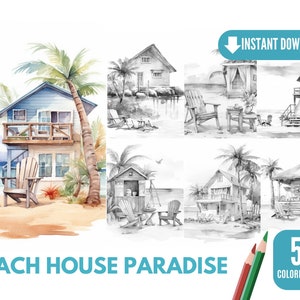 50 Beach House Coloring Book - Adults Coloring Pages, Instant Download, Grayscale Coloring Book, Printable PDF File| 453