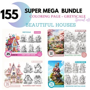 155 Bundle Schöne Häuser,Malvorlagen für Erwachsene,Graustufen Malbuch,Malvorlagen Kinder,Sofort Download, druckbare PDF-Datei | 822