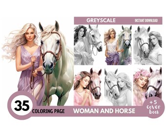 May include: A coloring book featuring a woman with long blonde hair and a white horse. The book includes 35 coloring pages and 5 cover designs. The text "WOMAN AND HORSE" is printed on the cover.