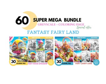 60 Fantasy Fairy Land Coloring Book - Adults Coloring Pages, Instant Download,Grayscale Coloring Book,Printable PDF File|1257