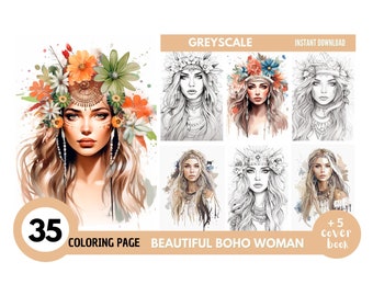 35 Libros para colorear de belleza bohemia para mujeres - Páginas para colorear para adultos, descarga instantánea, libro para colorear en escala de grises, archivo PDF imprimible/ 696