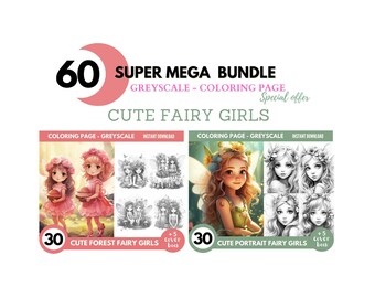 60 Cute Fairy Girl Coloring Book - Adults Coloring Pages, Instant Download,Grayscale Coloring Book,Printable PDF File|1247