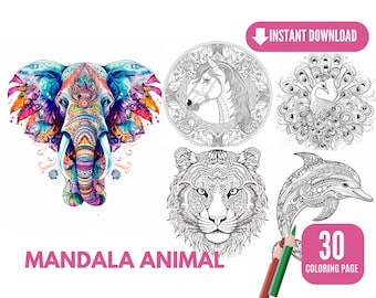 30 Mandala Animal Coloring Pages for Adults, Grayscale Coloring Book, Coloring pages kids,Instant Download, Printable PDF File | 454