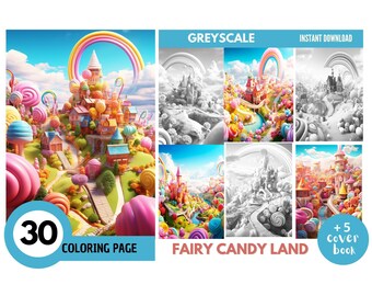 30 Fairy Candy Landscape Coloring Pages for Adults, Grayscale Coloring Book, Coloring pages kids,Instant Download, Printable PDF File | 831