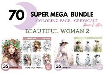 70 Bundle Beautiful Woman 2,Coloring Pages for Adults,Grayscale Coloring Book, Coloring pages kids,Instant Download, Printable PDF File |786