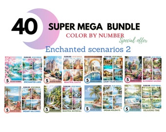 Paket med 40 färgläggningsbilder för vuxna, utskrivbara målningar, förtrollade scenarier, målarbilder, digitala nedladdningsbara ark, bok | 841