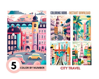 Colore per numero per adulti,Dipingi per numero stampabile,5 viaggi in città, pagine da colorare Download digitale,Dettagliato avanzato,Libro/578