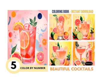 Puede incluir: Un libro para colorear con cinco ilustraciones de cócteles. Cada cóctel está hecho con frutas cítricas y tiene un diseño único. El libro se titula "Beautiful Cocktails" y dice "Color by Number".