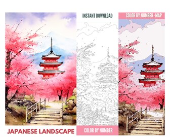 以下が含まれることがあります： 赤い塔、桜の木、塔に通じる石畳の道がある日本の風景を描いた塗り絵キット。キットにはカラーマップと画像の白黒アウトラインが含まれています。