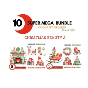 Bundle 10 Christmas Beauties, Color By Number for Adult,Paint by Number Printable, Coloring Pages, Sheet Digital Download, Advanced Book|974