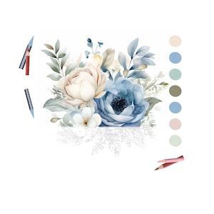 Op de afbeelding: Waterverfillustratie van een bloemstuk met een grote blauwe pioenroos en een crème roos. Het boeket bevat groene bladeren en kleine witte bloemen. Kleurenpaletstalen en kleurpotloden zijn ook afgebeeld.