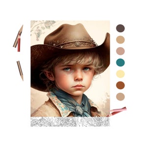 May include: A young person wearing a brown cowboy hat with a decorative band and a blue and white patterned shirt. The person has blonde hair and blue eyes.
