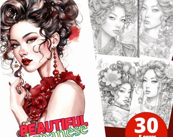 30 hermosas mujeres japonesas para colorear - Páginas para colorear para adultos, descarga instantánea, libro para colorear en escala de grises, archivo PDF imprimible/458