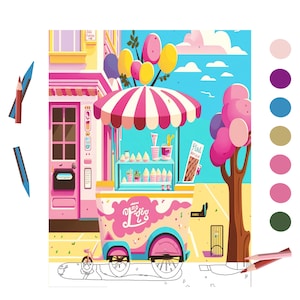 大人向けの美しいアイスクリームカートの塗り絵、グレースケールの塗り絵、子供向けの塗り絵、即時ダウンロード、印刷可能な PDF ファイル | 460