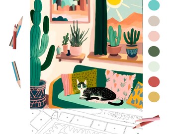 May include: A colorful paint-by-numbers kit featuring a cozy living room scene. The illustration includes a green sofa with patterned pillows, cacti, a black and white cat, and a window with a mountain view. Colored pencils are included.