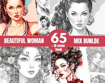 65 Bundle Beautiful Woman Coloring Book - Adults Coloring Pages, Instant Download, Grayscale Coloring Book, Printable PDF File|821