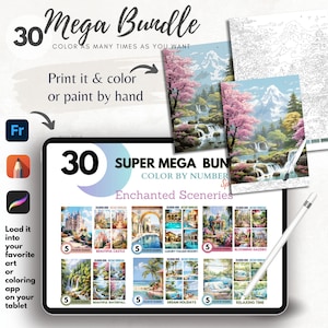 Bundle 30 Color By Number for Adult, Paint by Number Printable,Coloring Pages,Enchanted Sceneries, Sheets Digital Download,Coloring Book|795