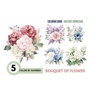 5 Flower Bouquet Color By Number for Adult, Paint by Number Printable,Coloring Pages,Sheets Digital Download,Advanced detailed Book| 1855