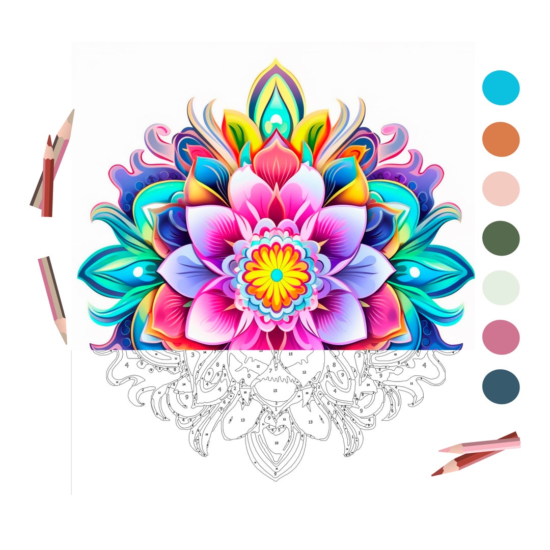 Color by Number for Adult, Mandala Flower, Paint by Number Printable