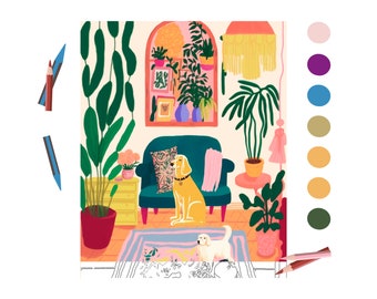 May include: A color-by-number illustration of a living room with two dogs, a couch, plants, and a rug. The illustration is in black and white with numbered areas to be colored in.