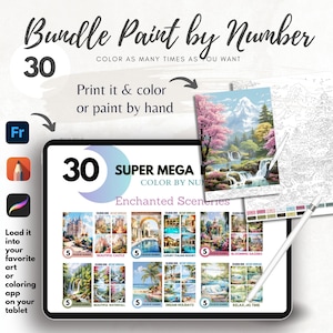 Bundle 30 Color By Number for Adult, Paint by Number Printable,Coloring Pages,Enchanted Sceneries, Sheets Digital Download,Coloring Book|795