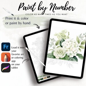 May include: Two tablets displaying a paint-by-number floral design. One tablet shows a completed watercolor painting of white roses and greenery. The other shows the line art. Text reads "Paint by Number" and "Print it & color or paint by hand."
